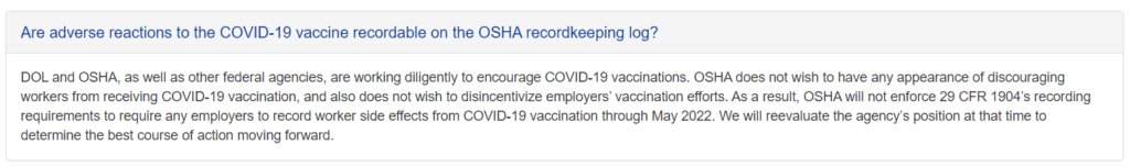 Osha Places Pause On Record-Keeping Requirements On Worker Side Effects From The Covid-19 Vaccinations Until May Of 2022; Will Reevaluate At That Time